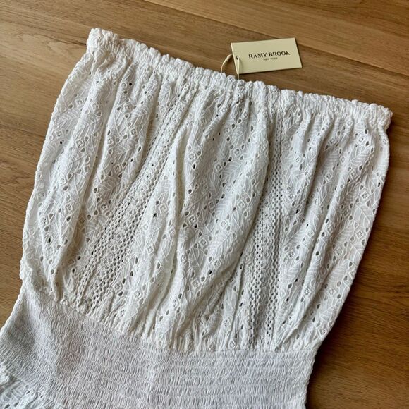 Ramy Brook Hilaria Eyelet Dress NWT White L Strapless Mini Smocked Cotton Boho - Picture 6 of 9